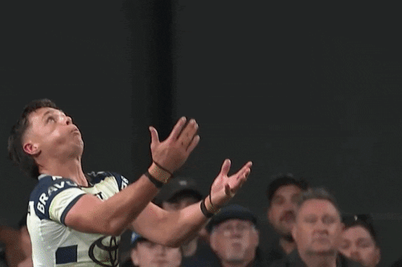 Oops: The bunker got it wrong not ruling Warriors’ fullback Taine Tuaupiki knocked the ball on into Scott Drinkwater.