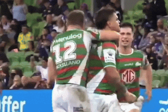 Brandon Smith mocking future teammate Latrell Mitchell after a game in 2022.
