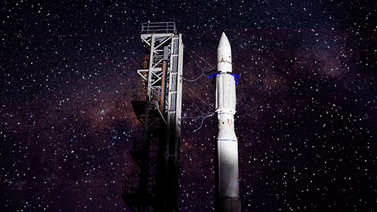Gilmour Space’s rocket stands on its launchpad.