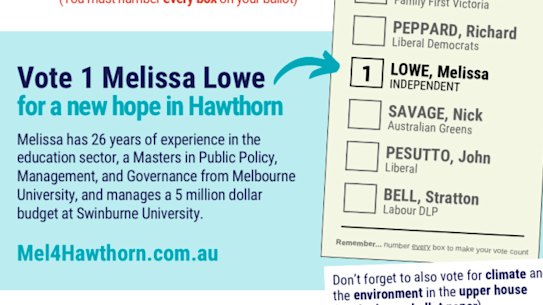 Melissa Lowe’s how-to-vote card which leaves the boxes next to other candidates blank.