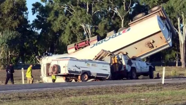 The scene in north Queensland after a fuel tanker and two cars crashed on Tuesday.