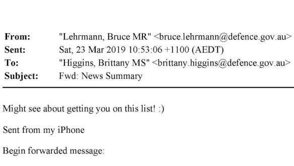 Email from Bruce Lehrmann to Brittany Higgins dated March 23, 2019, tendered in Lehrmann’s defamation case.
