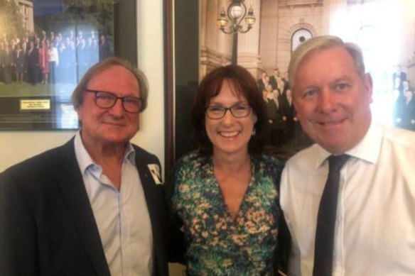 A social media photo of Kevin Sheedy with Nationals MP Melina Bath and Liberal David Davis.