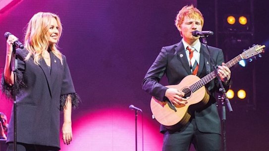 Gudinski’s final coup: Kylie Minogue and English singer Ed Sheeran perform together.