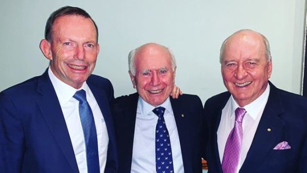 Alan Jones with two former Prime Ministers, Tony Abbott (left) and John Howard (middle). 