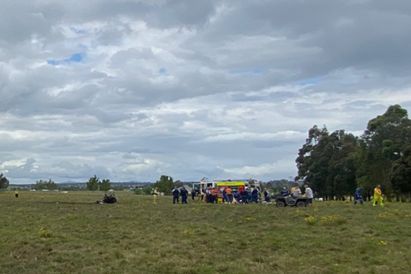 Emergency services at the scene of a plane crash in the Hunter Region of NSW in which a man suffered severe burns and multiple fractures.