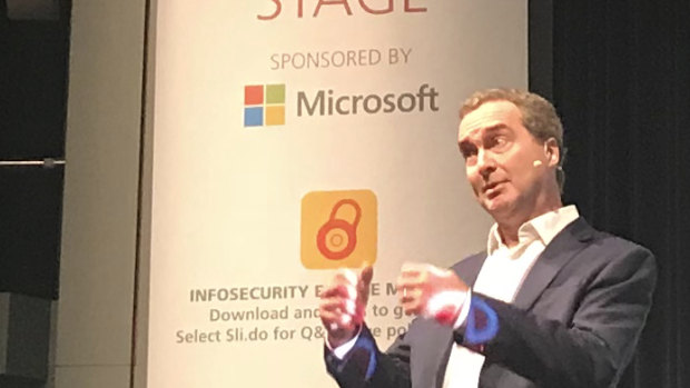 Robert Hannigan, former director-general of GCHQ, gives a keynote speech at the Infosecurity Europe 2018 conference