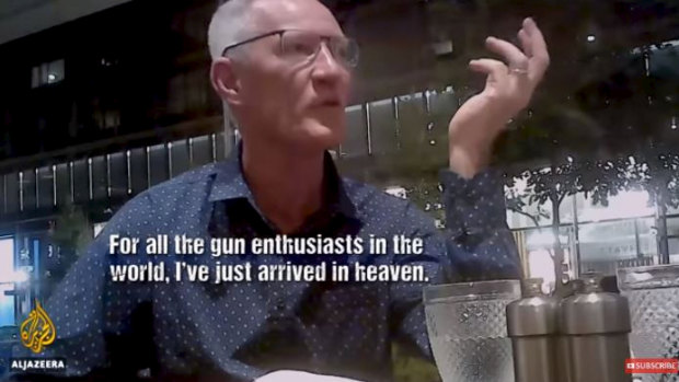One Nation's Queensland leader Steve Dickson appears in the Al Jazeera story seeking donations from the US pro-gun lobby. 