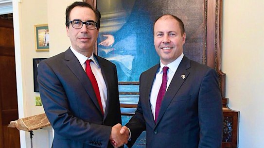 Steven Mnuchin, US Secretary of the Treasury, meets Treasurer Josh Frydenberg in Washington DC. 