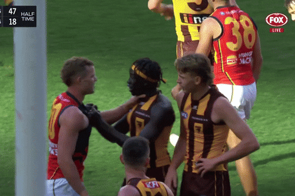 Hawthorn’s Changkuoth Jiath was placed on report for head-butting.