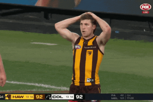 Moore after his shot on goal after the siren was spoiled on the line by Sam Swadling - reducing the Hawks and Pies to a draw for the second time this season.