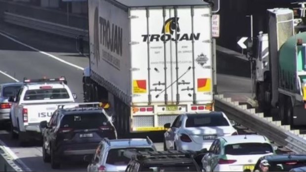 The truck that blocked the Sydney Harbour Tunnel on Wednesday afternoon.