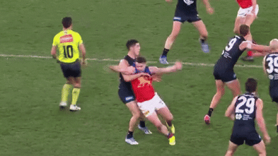 Adam Cerra had his back turned to the umpire. He’s now the first player to fall foul of AFL crackdown