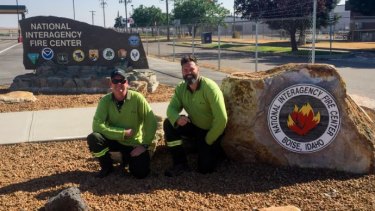 Firefighters Andrew Condie and Trent Froud on secondment at the National Interagency Fire Centre in Idaho, where they fought fires in 2018.