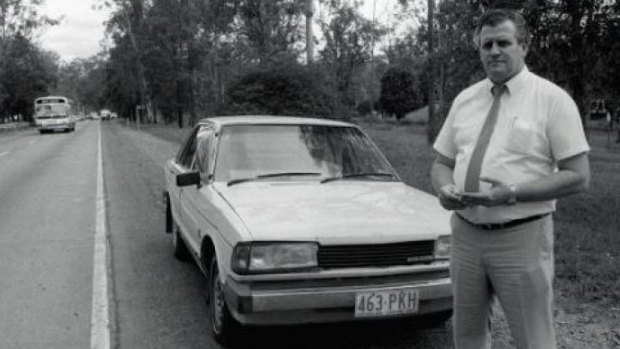 Sharron Phillips’ yellow Datsun Bluebird opposite Wacol Army Barracks in May 1986. 