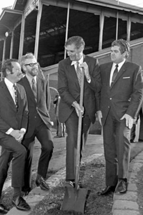 James Hird’s grandfather and then Essendon club president Allan Hird snr turns the first sod for a proposed football stand at Windy Hill in 1972.