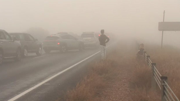 More than 20 vehicles were involved in a collision in heavy fog on the Western Freeway in Myrniong.