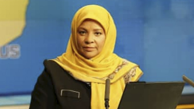 Iranian state television's English-language service, Press TV, shows American-born news anchor Marzieh Hashemi at a studio in Tehran, Iran.  