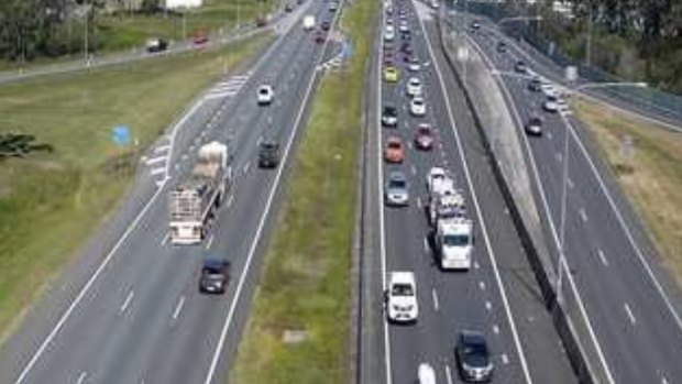 The view from a south-facing traffic camera above the Bruce Highway at Caboolture, north of Brisbane.