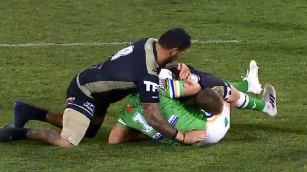 Andrew Fifita has been suspended for thee matches for this tackle on Raiders forward Ryan Sutton.