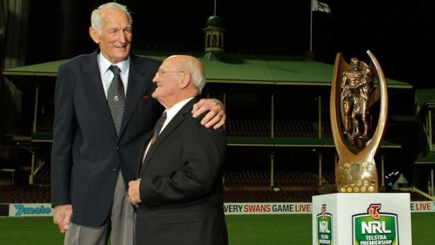 Bond: Arthur Summons with Norm Provan and the trophy bearing their likeness in 2013.