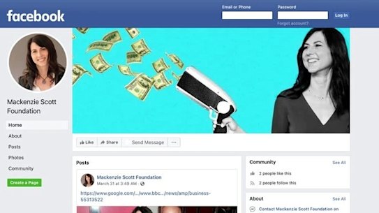 A recent Facebook page that falsely associates itself with Ms Scott. The “Mackenzie Scott Foundation” does not exist.