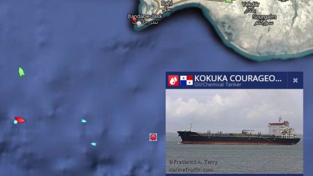 A live image from Marine Traffic shows the location of Kokura Courageous off the coast of Iran.