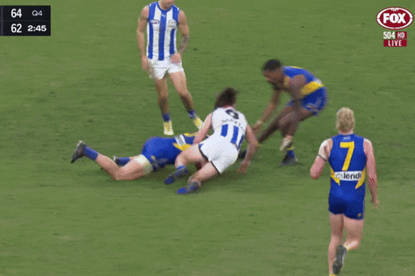 Jy Simpkin earned a free kick for this tackle on West Coast Eagle Elliot Yeo.