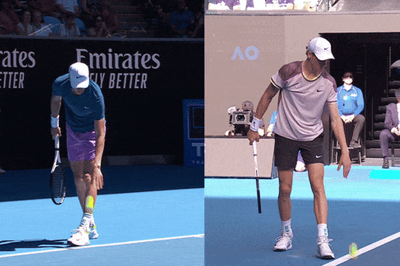 The new-look Jannik Sinner serve: The 2023 version on the left, and the 2024 style on the right.