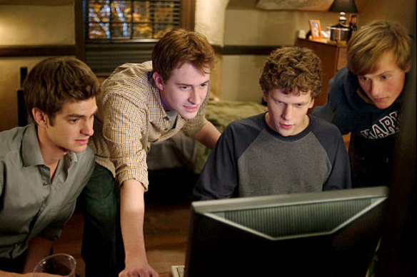 Andrew Garfield, Joseph Mazzello, Jesse Eisenberg and Patrick Maple in The Social Network,