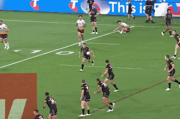 Six: Nathan Cleary helps earn another set with a flick pass.