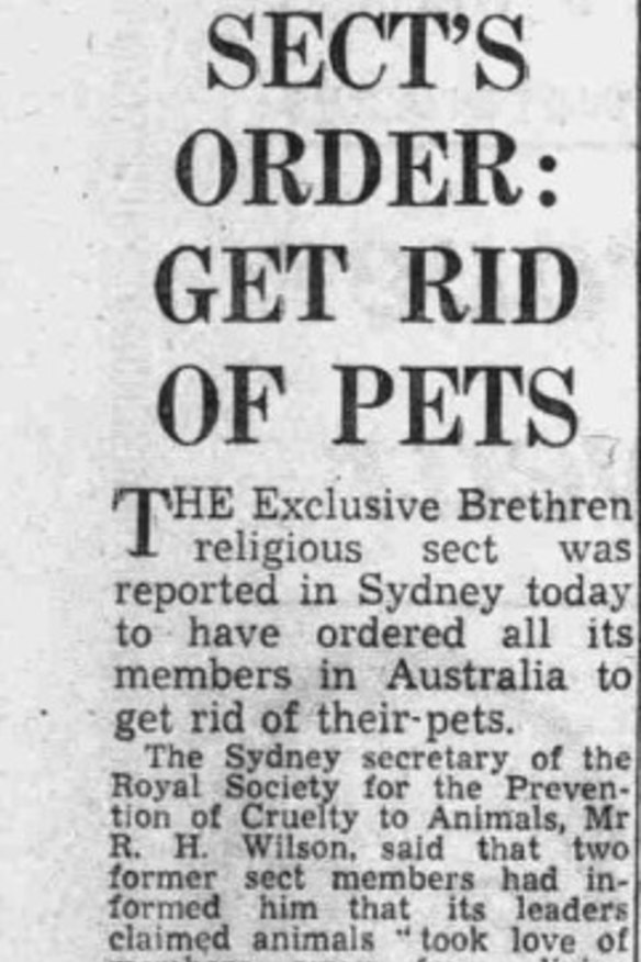 Coverage of the first pet purge by the Exclusive Brethren included this article on the RSPCA investigating, published in The Daily Mail February 7, 1964.