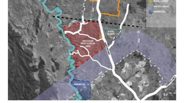 The Yass council's 5km buffer zone north of the ACT's border where development will be frozen for 20 years, in purple, with the exemption carved out for Ginninderry at bottom left. The proposed "Jeir" development area in red has been abandoned.