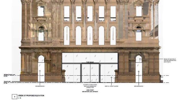 The original plans for the new Creek Street entrance way to the heritage-listed NAB Building which have been rejected.