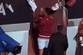 Novak Djokovic is struck on the head by a water bottle.