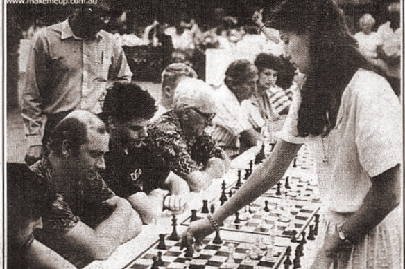 Katrin Aladjova, then 15, playing men in a 'simultaneous' chess game in a Brisbane shopping centre to help promote chess in the 1980s.