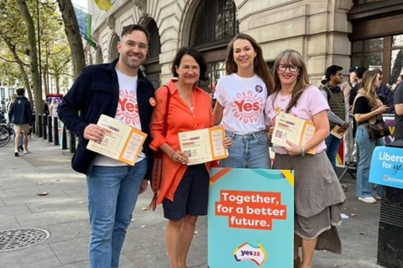 West (second from left) with Yes campaigners outside Australia House in London ahead of the Voice referendum.