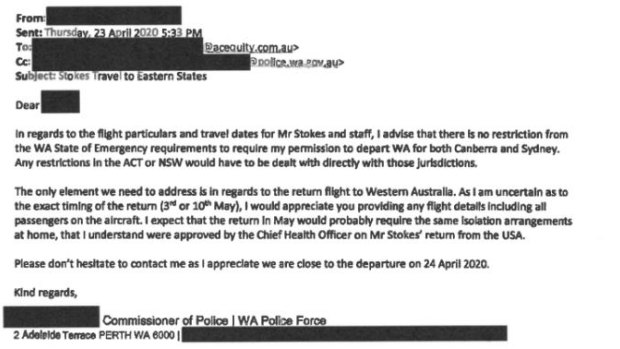 An email from Commissioner Chris Dawson to Kerry Stokes' private secretary.