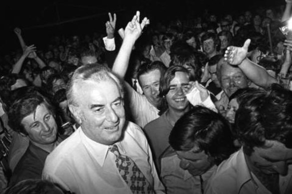 Gough and Margaret Whitlam mobbed by a crowd of supporters after the Labor Party won the 1972 Federal election.