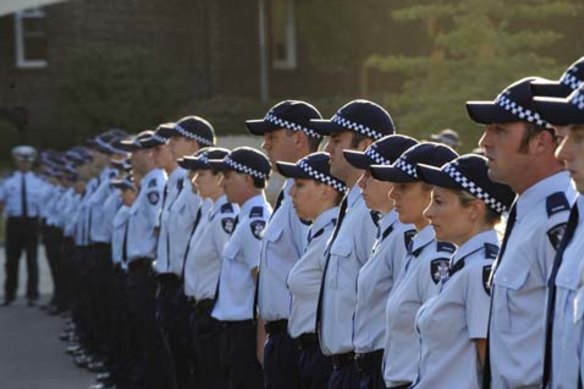 Recruits form during morning parade at the Victoria Police Academy.