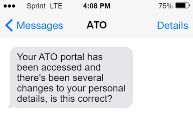 Scam text message sent from an ATO impersonator.