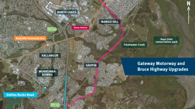 The 'Moreton Connector', shown in pink, has been pitched as part of a $2.1 billion road upgrade package.