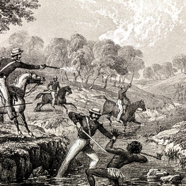 A lithograph of the Waterloo Creek Massacre.