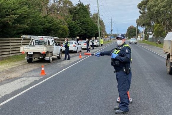 Vehicle checkpoints on the Surf Coast on Thursday. 