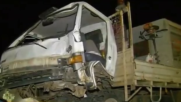 The wrecked truck was allegedly stolen from Bundaberg on Saturday.