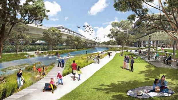 An artist’s impression of the City of Melbourne’s vision for the Macaulay part of Moonee Ponds Creek. 