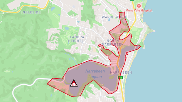 The evacuation alert for areas surrounding the Narrabeen lagoon.