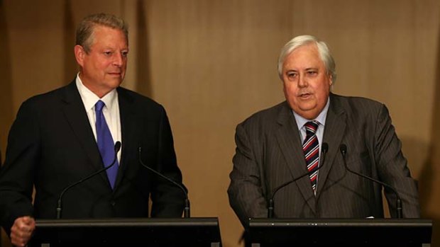 Clive Palmer at his Parliament House press conference with former US vice-president Al Gore in June 2014.