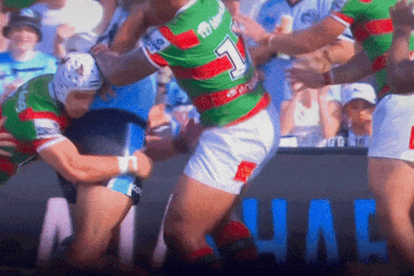 Jye Gray was placed on report for this hip-drop tackle on Sifa Talakai