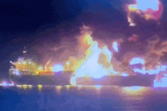 One of the fuel tankers ablaze after an apparent attack in Iraqi waters.
